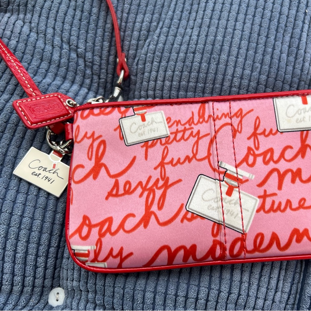 Coach pink and red scribble silk wristlet